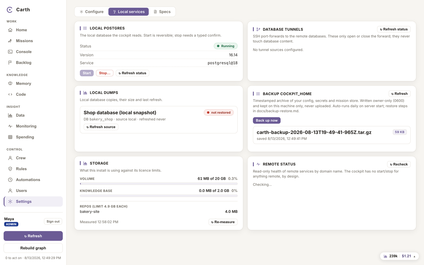 The Storage card in Settings, Local services: volume and knowledge base bars against the licence limits, with a per-repository breakdown