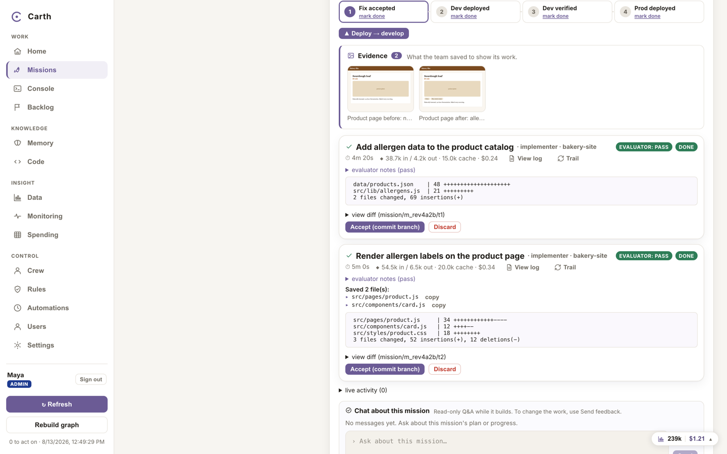 A mission in review: the evidence strip, each task's diff summary, and the Accept (commit branch) and Discard buttons