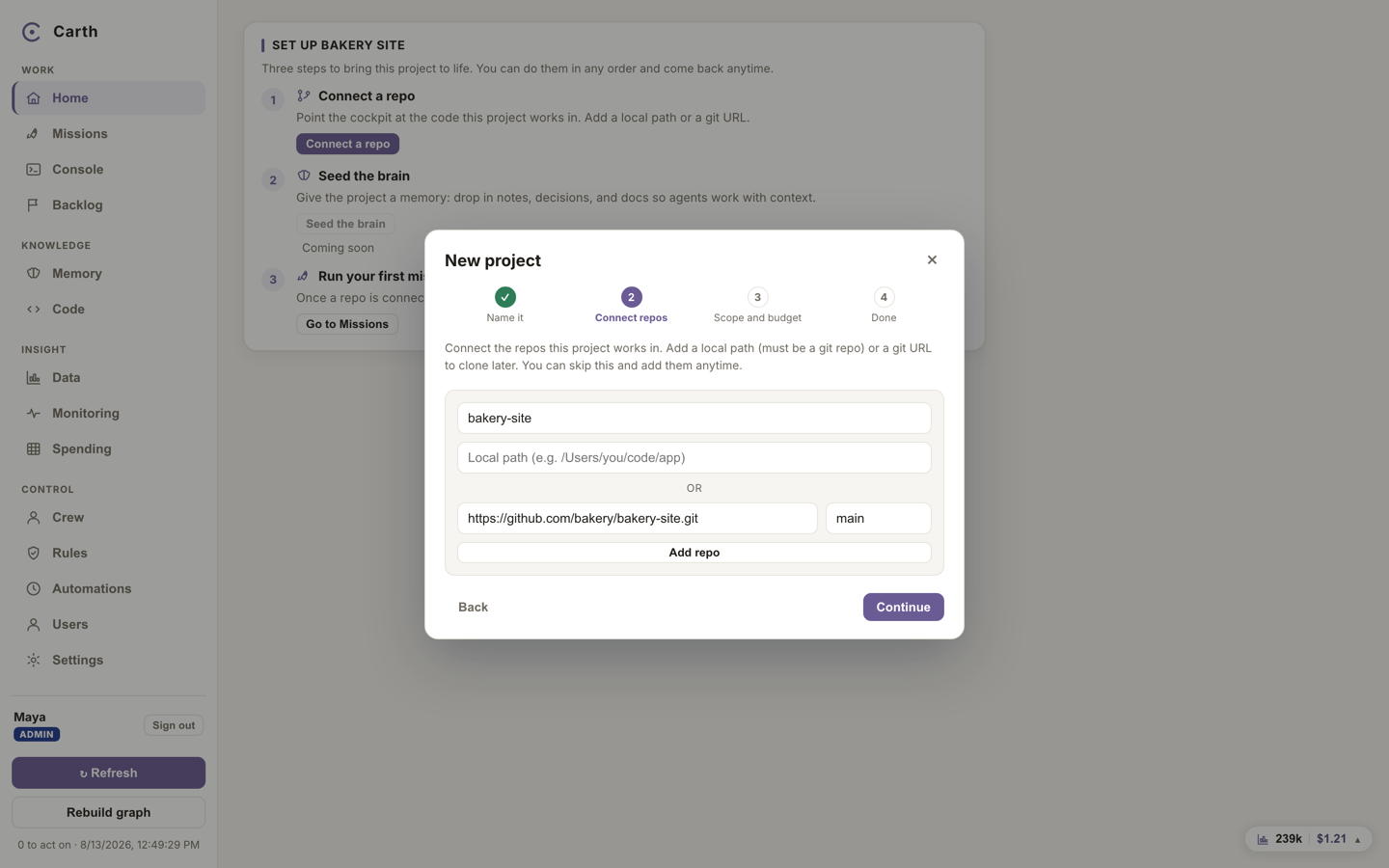 The project setup wizard on the Connect repos step, with a git URL entered and the Add repo button