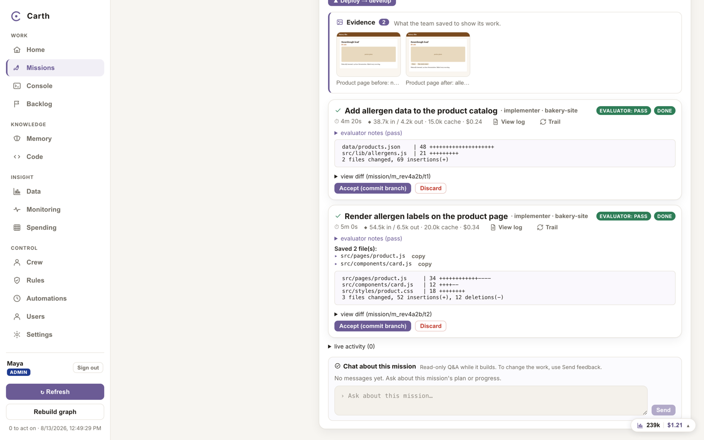 The Evidence strip on a mission in review: image thumbnails with captions above the per-task diff summaries