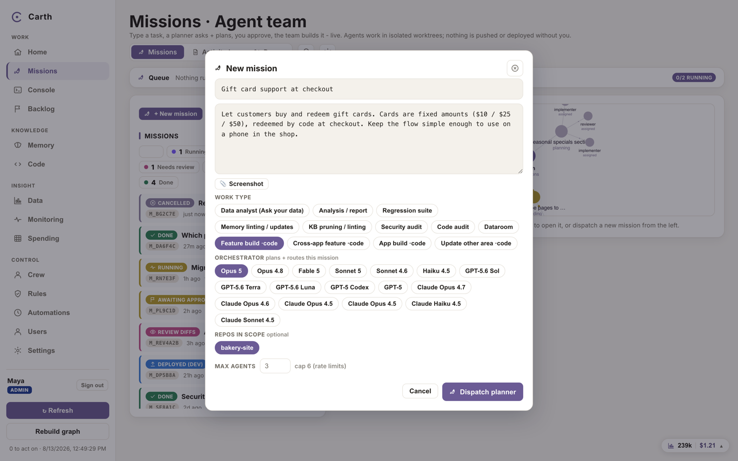 The New mission form with a plain-language brief typed in, the Feature build work type chosen and a repository selected