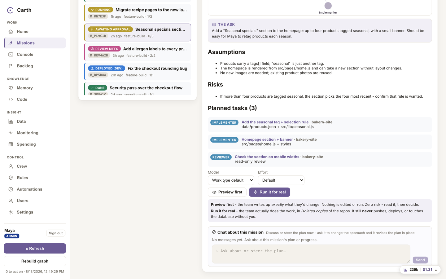A mission waiting at the approval gate: assumptions, risks, the planned tasks, and the Preview first and Run it for real buttons