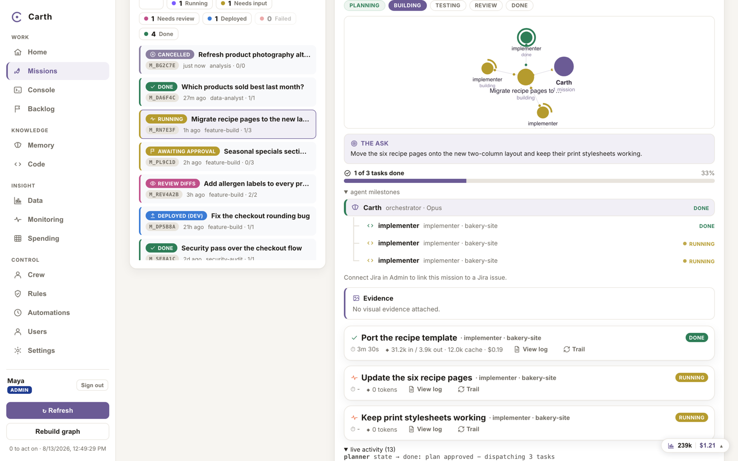 A running mission: per-task progress with two agents working in parallel, one task done, and the live activity feed below