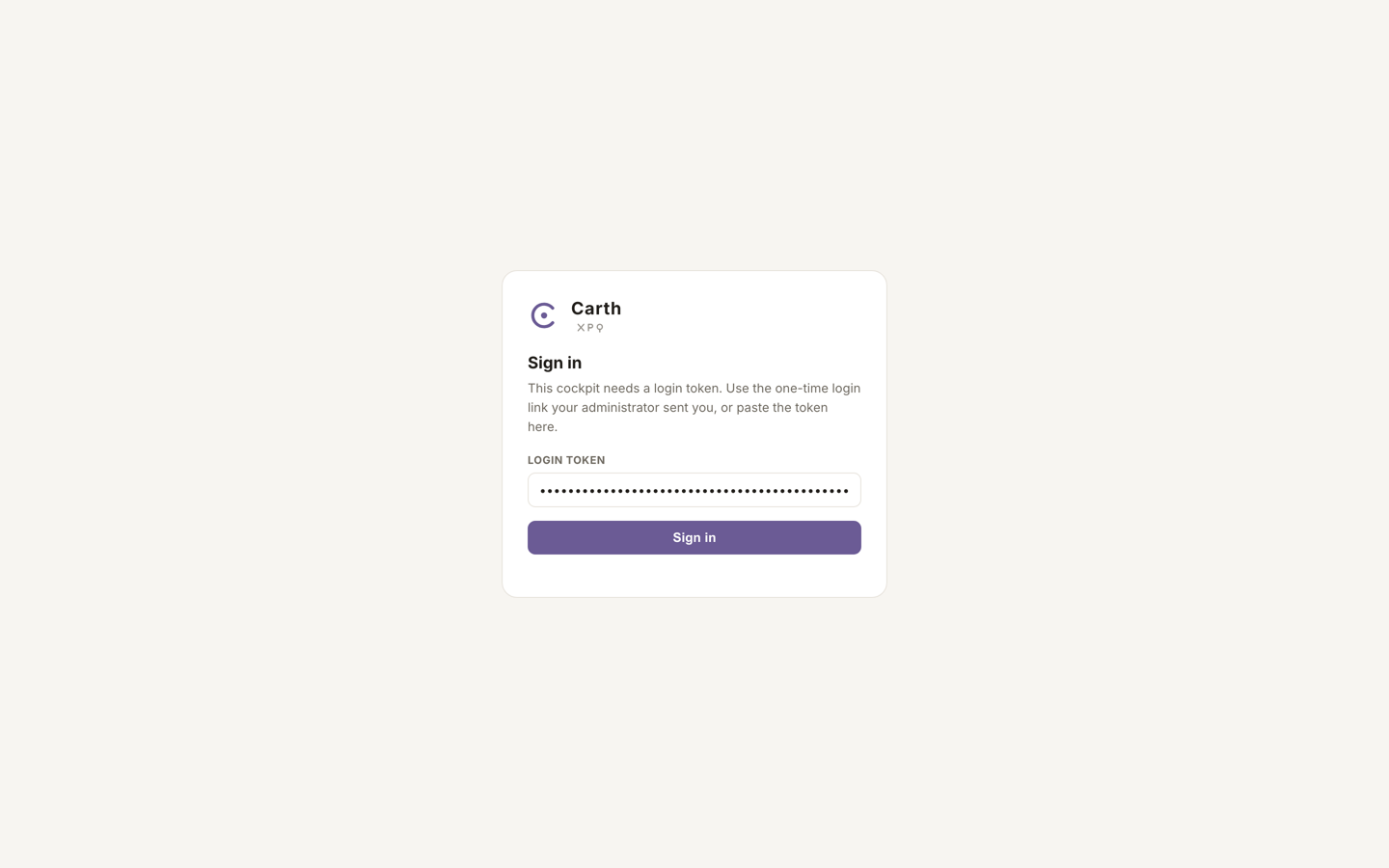 The Carth sign-in screen with the Login token field and the Sign in button