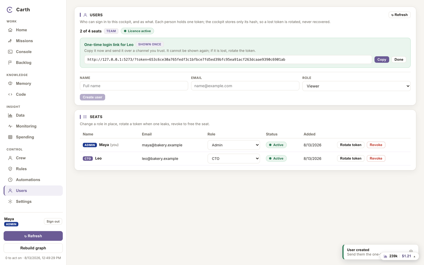 The Users tab: the one-time login link banner with its Copy button, the Create user form and the seats table