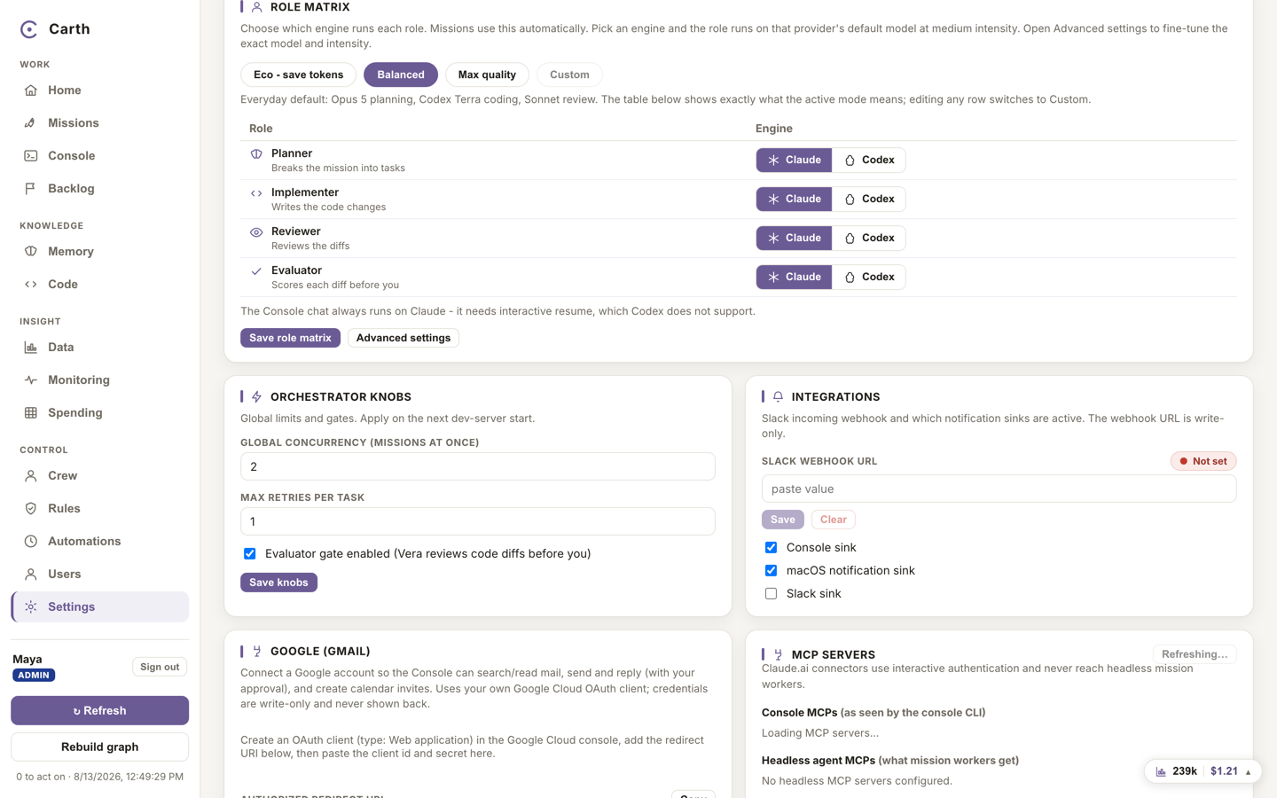 The role matrix in Settings with the Eco - save tokens, Balanced and Max quality presets and the per-role engine table